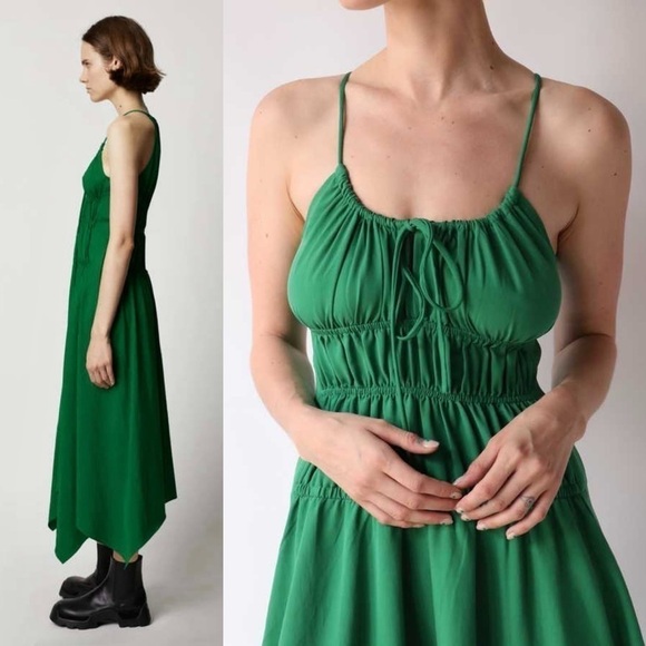 PROENZA SCHOULER Emerald Crepe Ruched Smocked Tie Front Sleeveless Midi Dress 10 - Picture 11 of 16